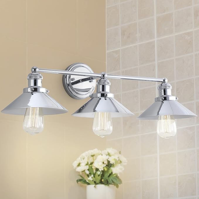 JONATHAN Y 26.5" Chrome 3-Light Industrial Farmhouse Metal Vanity Light Wall Sconce, Metal Shade for Bathroom Mirror, Kitchen, Entryway, LED Bulb Included (JYL7425A)