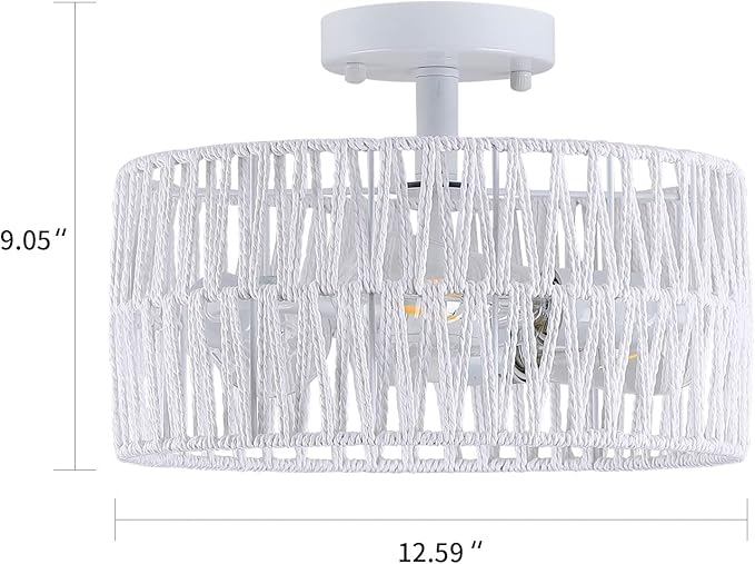 3-Light Coastal White Woven Flush Mount Light Fixture Boho Hemp Rope Semi Flush Mount Ceiling Light for Hallway Bedroom Kitchen Entryway Farmhouse Living Room, White