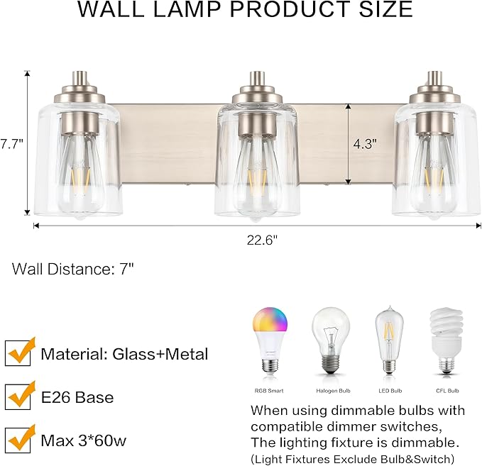 SOLFART Brushed Nickel Vanity Light Bathroom Light Fixtures Over Mirror 3 Light Bathroom Lights for Mirror Bathroom Vanity Lighting
