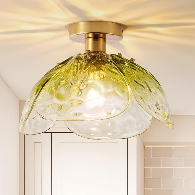Vintage Semi Flush Mount Ceiling Light,Bronze Ceiling Light Fixtures with Gradient Green Handmade Leaf Glass for Bedroom,Kitchen,Hallway,Entryway
