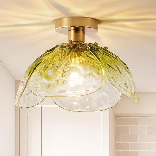 Vintage Semi Flush Mount Ceiling Light,Bronze Ceiling Light Fixtures with Gradient Green Handmade Leaf Glass for Bedroom,Kitchen,Hallway,Entryway