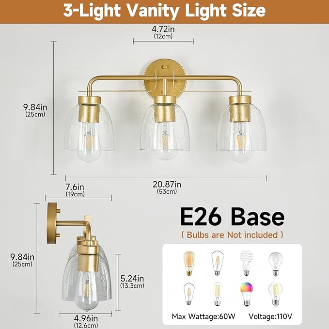 3-Light Bathroom Vanity Light Fixtures, 21 Inch Modern Industrial Golden Vanity Lights for Bathroom Light Fixtures with Bell Bubble Glass Shade Wall Sconce for Mirror, Bedroom, Hallway