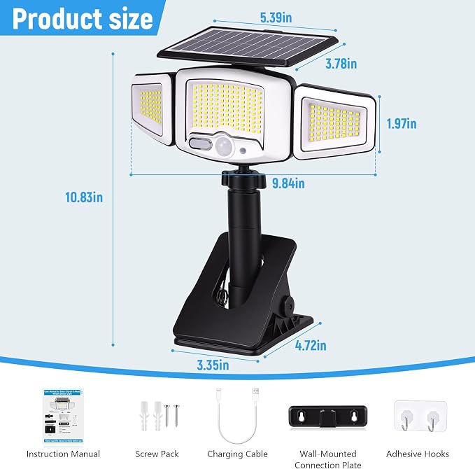 Clip on Solar Lights Outdoor with 3 Heads & 360°Angle Lighting, 1000LM 231 LEDs Motion Sensor Outdoor Lights, IP65 Waterproof Dual Charging Security Flood Light for Patio Fence Gutter (1 Pack)