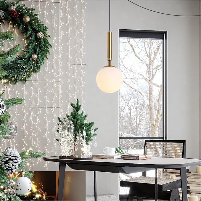 KCO Modern Gold Globe Pendant Lamp Plug in Mid Century White Frosted Glass Adjustable Ceiling Lamp Industrial Brass Gold Round Ball On/Off Chandelier for Farmhouse Kitchen Island Bedroom