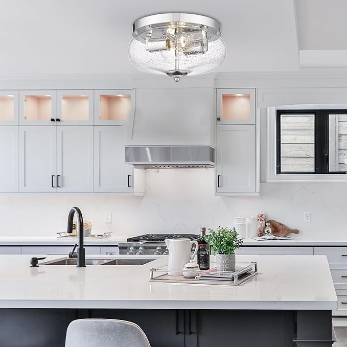 Darkaway Ceiling Light Fixtures Flush Mount Indoor Outdoor Ceiling Light with Seeded Glass Shade for Hallway Kitchen Bedroom Porch Living Room Dining Room Chrome Finish