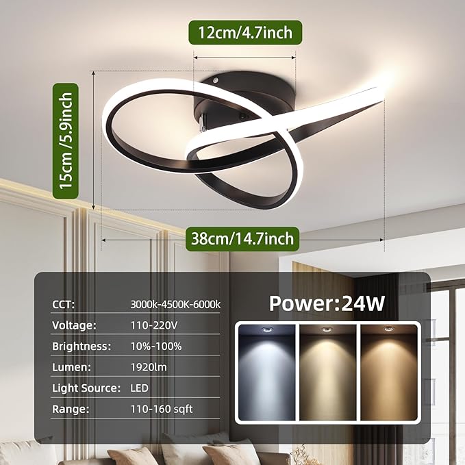 CANEOE Modern LED Ceiling Light Fixture,42W Dimmable Flush Mount Ceiling Light with Remote Black Close to Ceiling Light,3-Color Ceiling Lamp for Bedroom Living Room Kitchen Dining Room Office