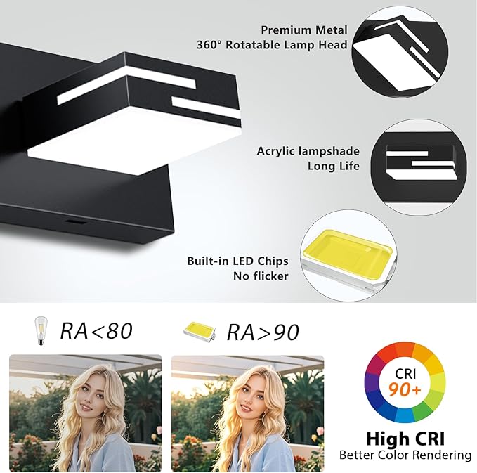 LED Modern Bathroom Vanity Light Fixtures, 7-Light 48-inch Dimmable Matte Black Vanity Lights for Bathroom Lighting Fixtures Over Mirror, with 360° Rotatable Acrylic Heads (Cool White 6000K)