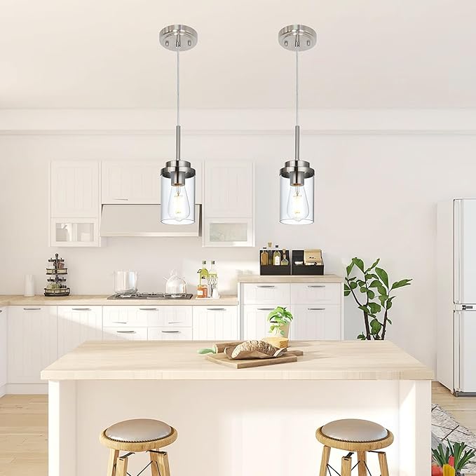 MELUCEE 2 Pack Pendant Lights Kitchen Island Brushed Nickel Adjustable Hanging Ceiling Lamp with Clear Glass Shade, Modern Glass Pendant Lights for Dining Table Hallway Living Room