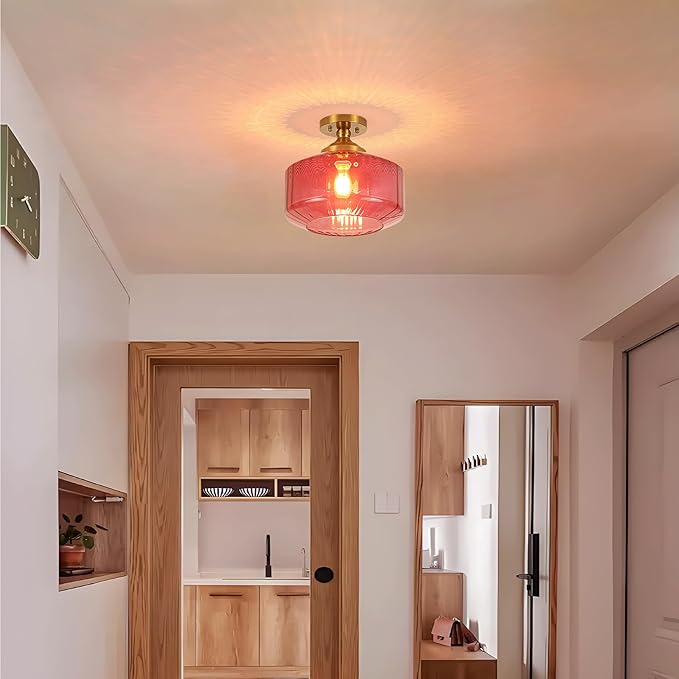 11.8in Semi Flush Mount Ceiling Light Fixture, Vintage Striated Glass Kitchen Lighting Fixtures Ceiling Mount for Entryway Hallway Bedroom Dining Room Bathroom Foyer Laundry (Purple)