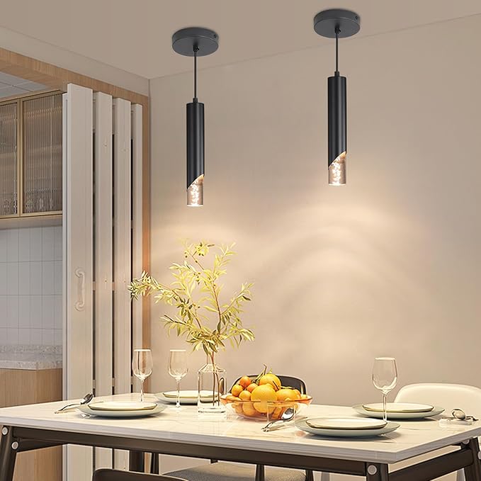 Minimalist Kitchen Island Pendant Lights, Black Modern Linear Hanging Light Fixture, Bubble Acrylic, Adjustable 2700K/4500K/6500K, LED Ceiling Lighting for Dining Room, Bedside, Bathroom, Bar
