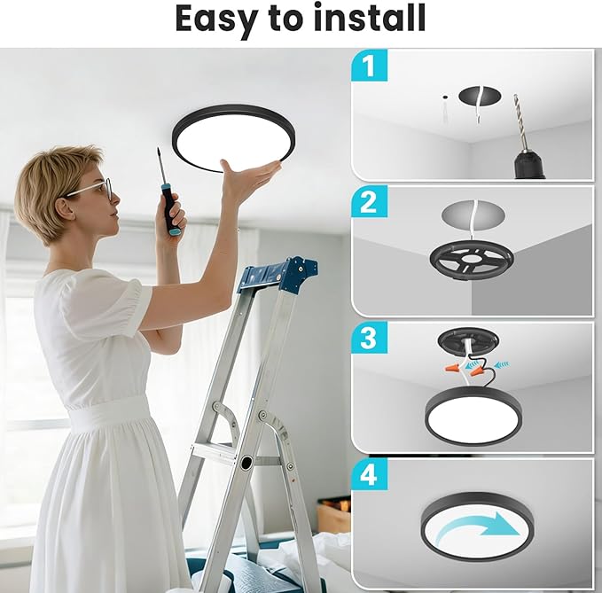 libtit 7 inch Flush Mount LED Ceiling Light Fixture, 3000K-6500K Adjustable, 15W 1500lm Black Satin Round Ceiling Lamp for Bathroom Hallway Kitchen Bedroom, 1 Pack