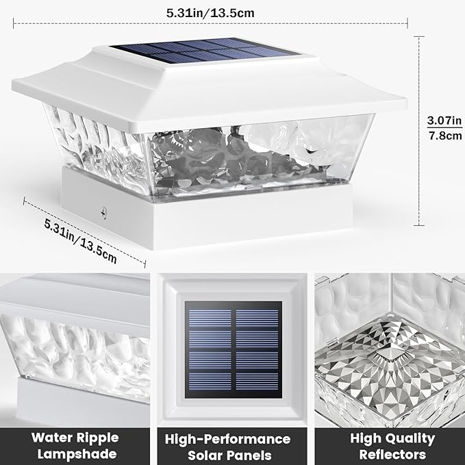 SIEDiNLAR Solar Post Lights Outdoor 12 LEDs 4 Modes Post Cap Light for 4x4 5x5 6x6 Wooden Vinyl Fence Deck Posts Patio Garden Decor, Warm/Cool White Dynamic Lighting (2 Pack, White)