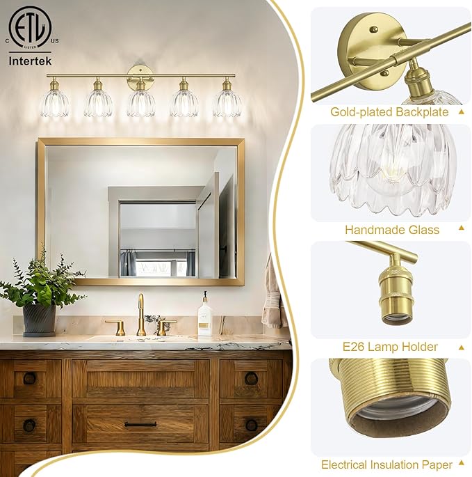 Vintage Bathroom Light Fixtures,5-Light Hardwired Vanity Lights with Clear Tulip Glass Shade,Gold Bathroom Vanity Light for Mirror Restroom,E26 Socket,33.46 in(Bulbs Not Included)