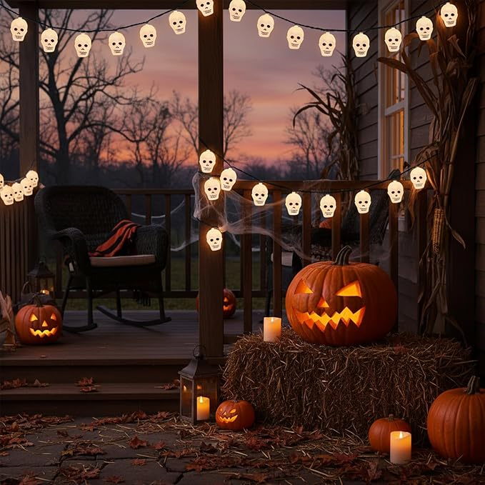 Halloween Skull String Lights - 8.5Ft Skeleton Decoration Halloween String Lights with 10 LED Mini Bulbs, Waterproof Skeleton Shape Lights for Indoor Outdoor Halloween Party Decor, Black Wire