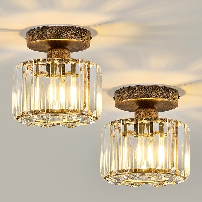 Piepooye 2 Pack Small Crystal Semi Flush Mount Ceiling Light Fixture Modern Bronze Mini Round Chandelier Metal E26 Ceiling Lamp for Hallway Bathroom Entryway Kitchen Closet
