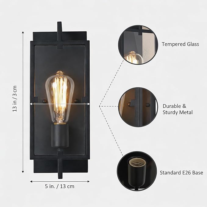Black Wall Sconce, 13 in. Indoor Wall Lamp with Tempered Glass, E26 Base for DIY Lighting Fixture, ETL Bathroom Vanity Light Wall Mounted for Hallway, Living Room, Bedroom, Kitchen Decor