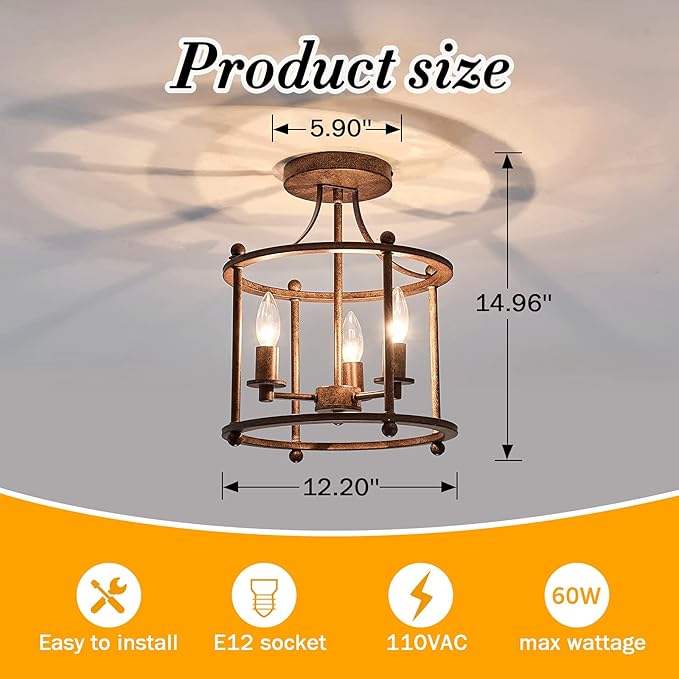 UOFUS 3-Light Farmhouse Vintage Semi Flush Mount Ceiling Light Fixtures in Rustic Bronze Metal Chandelier for Island Living Room Bedroom Kitchen Foyer Laundry Room Entryway Hallway