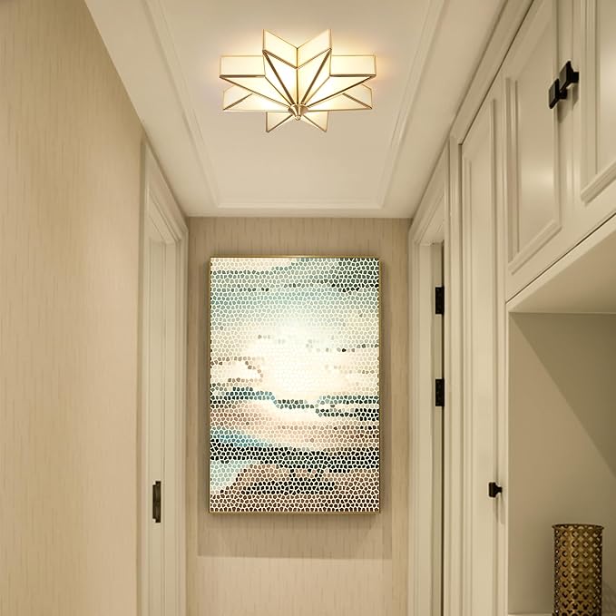 Star Glass Ceiling Light with Ceramic Light Socket Brass Flush Mount Ceiling Light Fixture with Frosted Glass Shade Mid Century Moravian Star Light for Bedroom Foyer Living Room (19.7")