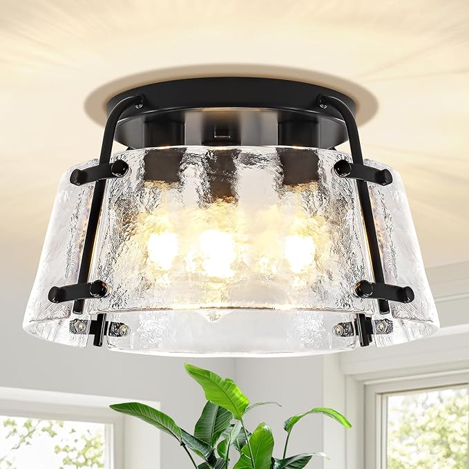 Modern Black Semi Flush Mount Ceiling Light 3-Light Hammered Glass Kitchen Lighting Fixtures Ceiling Hallway Lights Flush Mount Chandelier for Entryway Dining Room Bathroom Bedroom Foyer Lighting