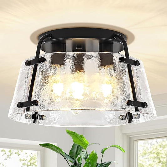 Modern Black Semi Flush Mount Ceiling Light 3-Light Hammered Glass Kitchen Lighting Fixtures Ceiling Hallway Lights Flush Mount Chandelier for Entryway Dining Room Bathroom Bedroom Foyer Lighting