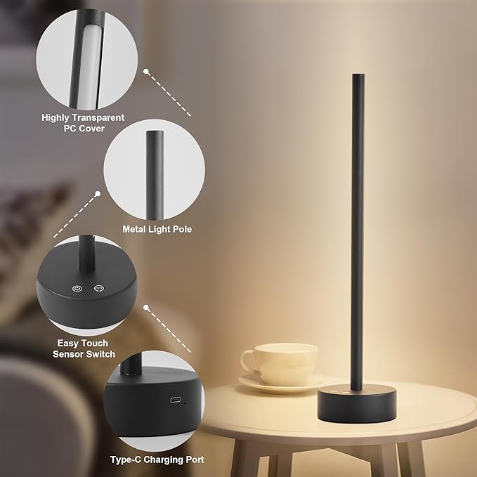 KARTOOSH Cordless LED Table Lamp, Battery Operated Portable Desk Lamp,Dimmable/3 Color/Memory Function,Modern Rechargeable Table Light for Living Room,Bedroom,Bedside,Black