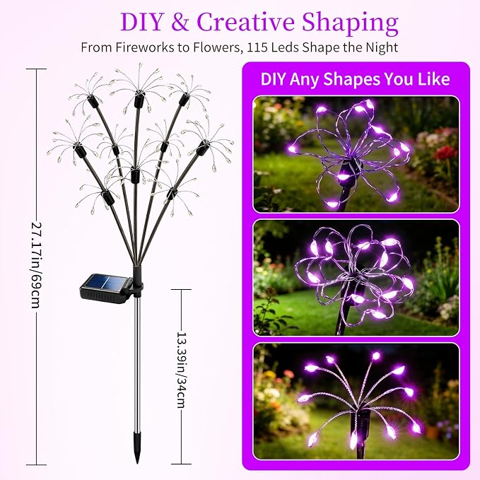 Solar Garden Lights Outdoor, 8 Pack 2-Layer Purple Solar Firework Lights, Waterproof Starburst Fairy Light Garden Decor for Yard Patio Pathway Lawn, Unique Gifts for Women Mom Grandma Mother's Day
