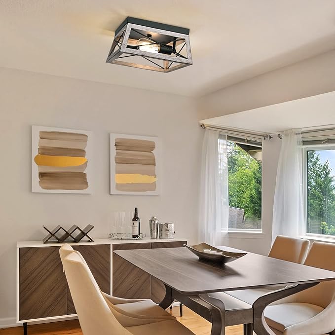 DEWENWILS Farmhouse Flush Mount Ceiling Light, Metal Light Fixture with Wood Grain Finish, 2-Lights Hallway Light Fixture Ceiling Mount for Entryway, Foyer, Dining Room