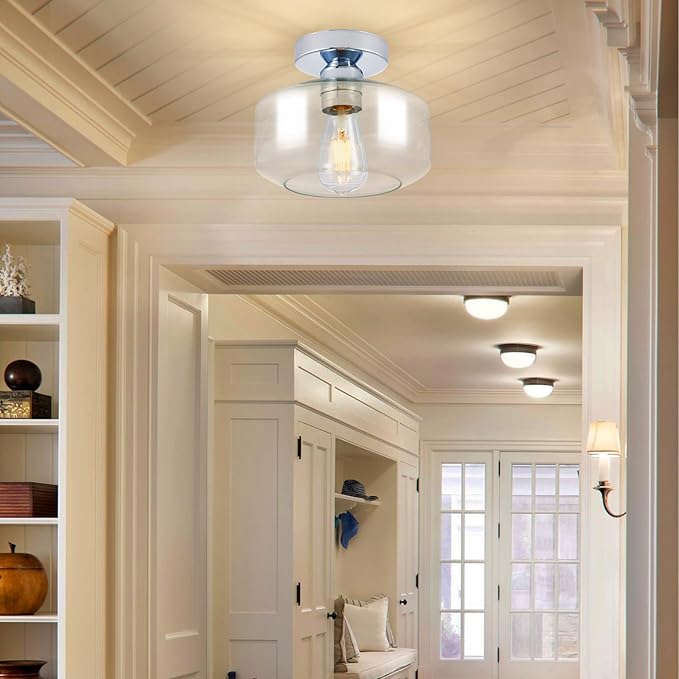 Industrial Semi Flush Mount Ceiling Light: Chrome Kitchen Lighting Fixtures Ceiling with Clear Glass - Vintage Hallway Light Fixtures E26 Bulb Included - 8.46” Light Fixtures Mount for Foyer