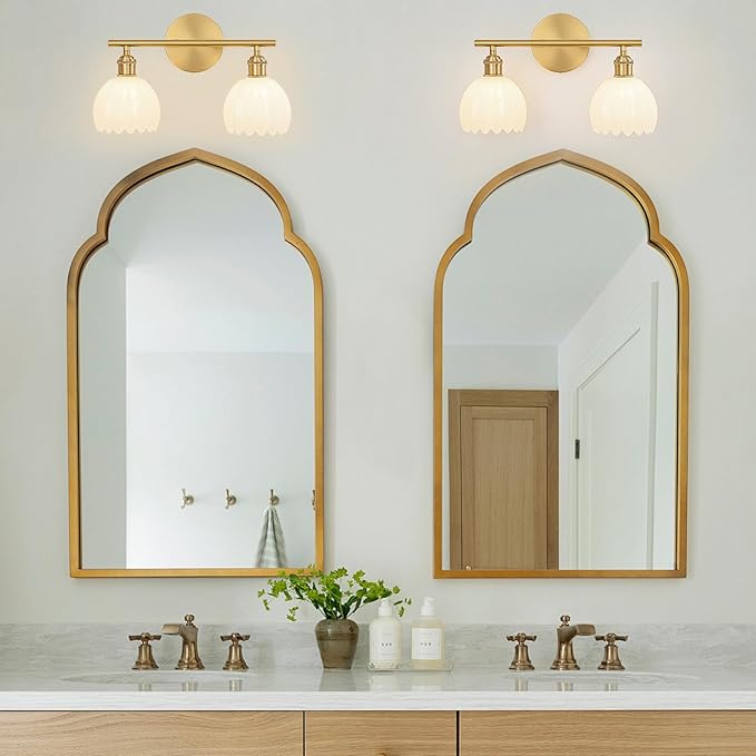 Gold Bathroom Light Fixtures Over Mirror, 2 Light Bathroom Vanity Light Fixture with Tulip Milk White Glass Lampshade, Vintage Vanity Lights for Bathroom, Bathroom Vanity Lights Over Mirror