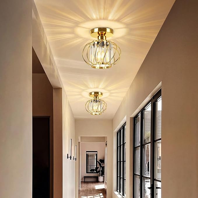 FRIDEKO HOME Gold Crystal Ceiling Light Fixture - Crystal Chandelier Small Semi Flush Mount Ceiling Light Modern Lights Ceiling Mount for Hallway Kitchen Entryway Bedroom Bathroom (2 Pack, 7.48 Inch)