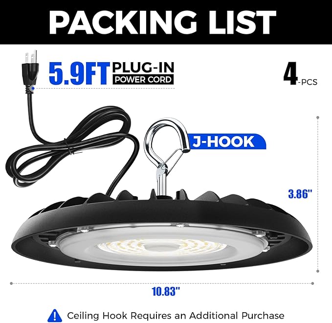 Barrina High Bay LED Shop Lights, 150W, 21000LM, IP65 Waterproof, 5000K, UFO LED high Bay Light for Warehouse with 5.9FT Cable US Plug, Shop Light for Garage barn Factory, 4 Packs, UL Listed