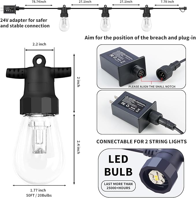 CAWWS Outdoor String Lights 50FT, Outdoor Lights for Patio with 20 Dimmable RGBW LED Bulbs, IP66 Waterproof Shatterproof, with APP Control & Remote, 24V Adapter Color Change,for Backyard Décor