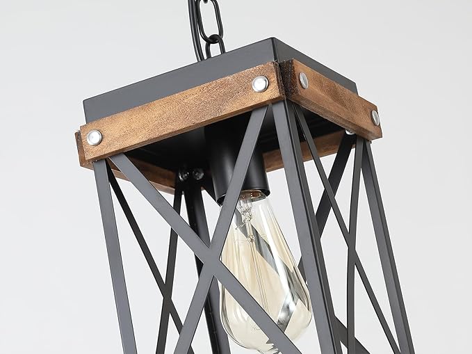 2 Pack Rustic Farmhouse Plug in Pendant Light Fixture with Adjustable Chain, Oak Wood and Metal Lantern Cage Mini Hanging Lamp for Kitchen Island Living Room Hallway Farmhouse Bar, Black