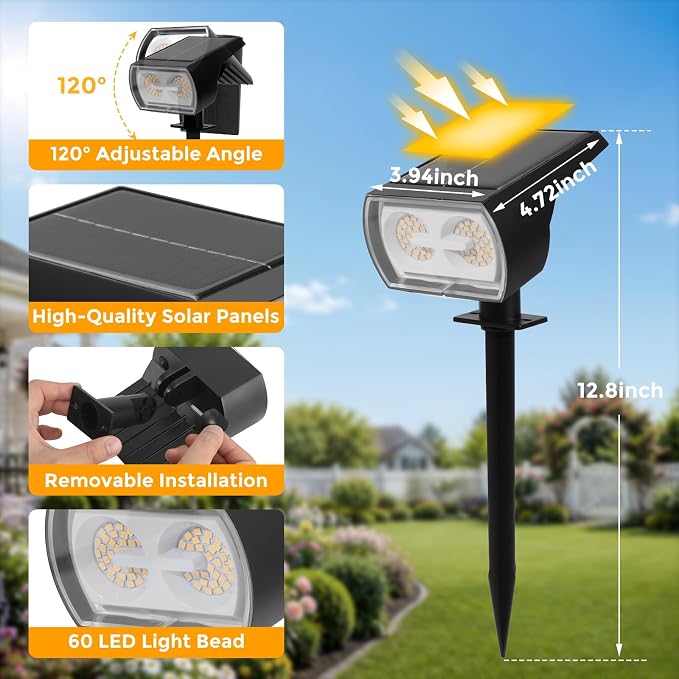 Solar Lights Outdoor Waterproof, 4 Pack 60 LED Solar Spot Lights Outdoor, Dusk to Dawn Light Sensor, 3 Lighting Modes, IP65 for Outside Pathway Yard Garden and Landscape (Warm White)