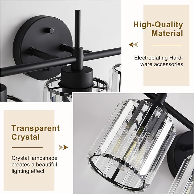 EJIAXIN 4 Light Round Crystal Vanity Lights, Modern Black Crystal Wall Light Bath Mirror Light Fixture Over Mirror Bathroom Wall Sconces for Bathroom Living Room
