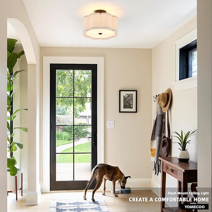 Semi Flush Mount Ceiling Light, Beige Linen Fabric Shade Ceiling Light, Black Modern Farmhouse Close to Ceiling Light for Bedroom, Hallway, Living Room, Dining Room, Laundry Room
