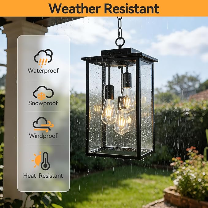 Outdoor Pendant Light Fixture E26 3-Light Modern Black Metal Outside Chandelier Exterior Hanging Fixture Ceiling Mount with Clear Glass for Porch Front Door Entrance Entryway, 1 Pack