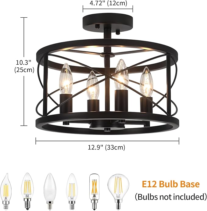 TOULMJ 4-Light Black Semi Flush Mount Ceiling Light, Farmhouse Modern Light Fixture, Hallway Light Fixtures Close to Ceiling Lighting Fixture for Kitchen Island Entryway Laundry Dining Room
