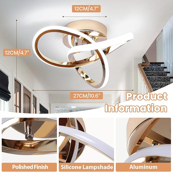 CANEOE Modern LED Ceiling Light, 6000K Gold Led Hallway Ceiling Light Fixtures, Curved Design Semi Flush Mount Ceiling Lights for Hallway Bathroom Kitchen Entryway Stair Ceiling Lamp (No Dimmble)
