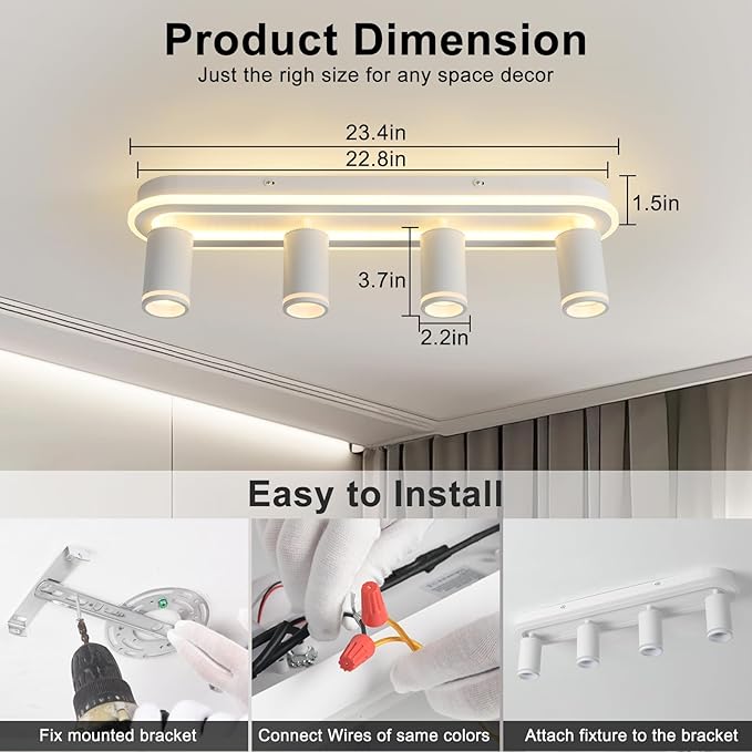 LED 4 Light Track Lighting Spotlight Kit, White Ceiling Spotlights, Modern Track Light Fixture with Flexibly Rotatable Light Heads, 50W+20W Dual Lighting for Kitchen Living Room,Includes 4 x GU10 Bulb
