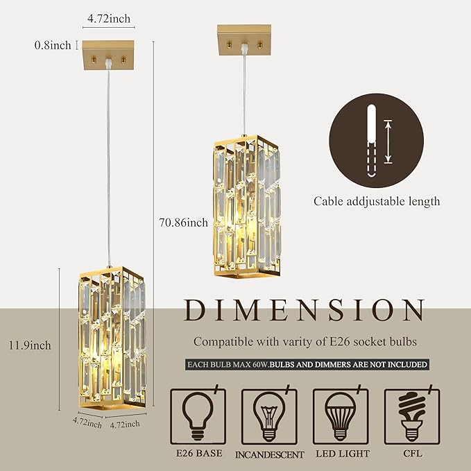 Pendant Lights Kitchen Island, Modern Golden Pendant Light Fixtures, Mini Crystal Chandelier, Adjustable Hanging Lights Fixture for Dinning Room Over Table Bedroom