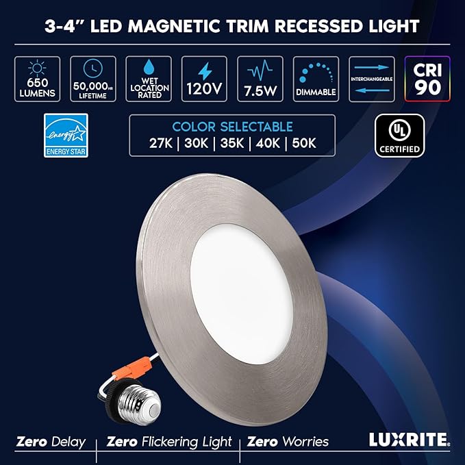 LUXRITE 3-4 Inch LED Flush Mount & Recessed Light, 7.5W, 5CCT 2700K-5000K, 650LM, Magnetic Trim, Dimmable Ceiling Can Light, Install to J-Box or 4 Inch Housing, Wet Rated, UL Listed, Brushed Nickel