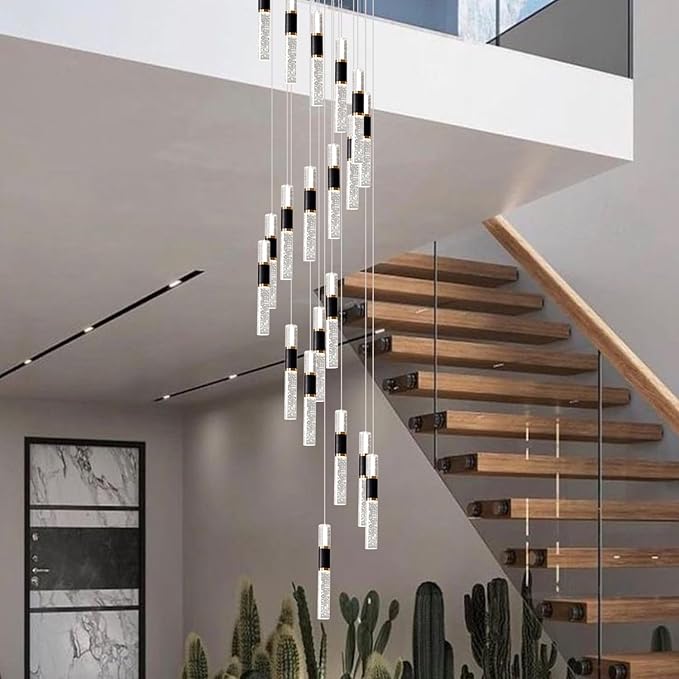 High Ceiling Chandelier 20-Lights Dimmmable Modern Crystal Staircase Chandelier Light Fixutres with Remote for Foyer