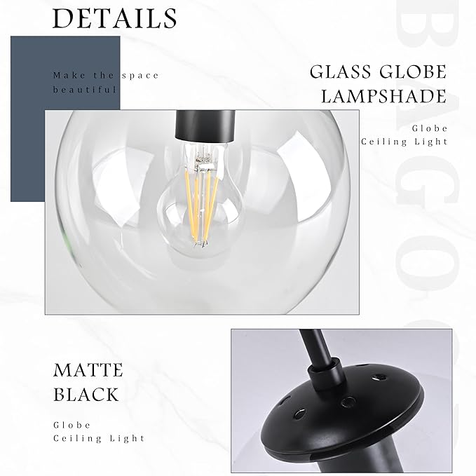 8" Black Semi Flush Mount Ceiling Light Fixture Clear Glass Globe Ceiling Light Fixture Hallway Light Fixture Mid Century Ceiling Light Matte Black Finish for Entryway Foyer Kitchen(Bulb Incl.)