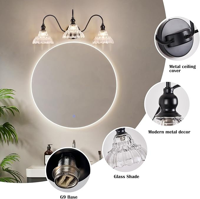 Vintage Bathroom Vanity Light Fixtures Antique 3-Light Black Vanity Lights Crystal Glass Shades Bathroom Lighting for Mirror Bedroom