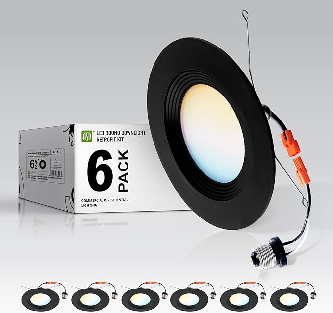 ASD 6 Pack Black Retrofit LED Recessed Lighting 6 Inch - 12W 2700K-5000K 1009LM Can Lights for Ceiling 6 Inch, Dimmable Black Recessed Lights, Baffle Trim Wet Rated Wafer Lights, UL