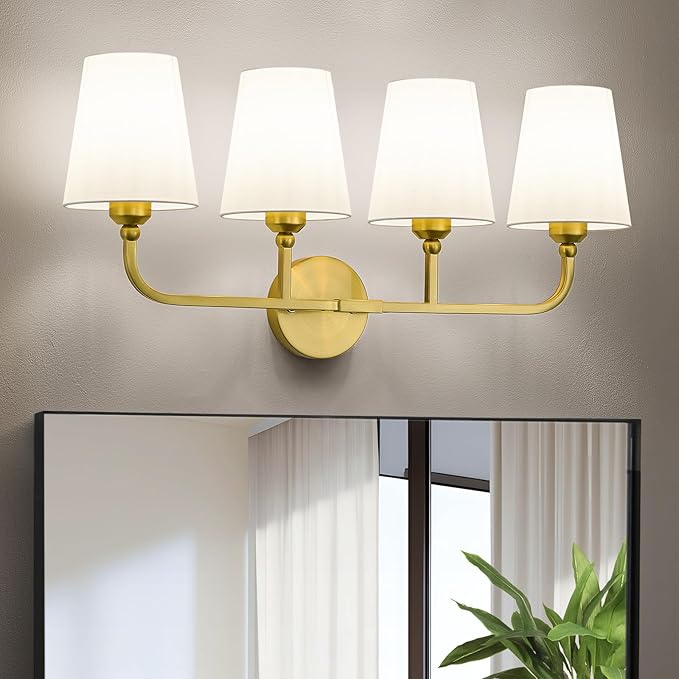 Bathroom Vanity Light, Brushed Gold Bathroom Light Fixtures, 4-Light Lighting Fixtures Over Mirror, Modern Wall Sconce with Flared White Fabric Shade, E26 Socket(ETL Listed)