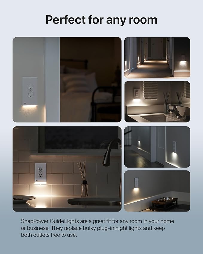 Single - SnapPower GuideLight [For Duplex Outlets] - Replaces Plug-In Night Light - Electrical Receptacle Wall Plate With LED Night Lights - Auto On/Off Sensor - (Duplex, Light Almond)
