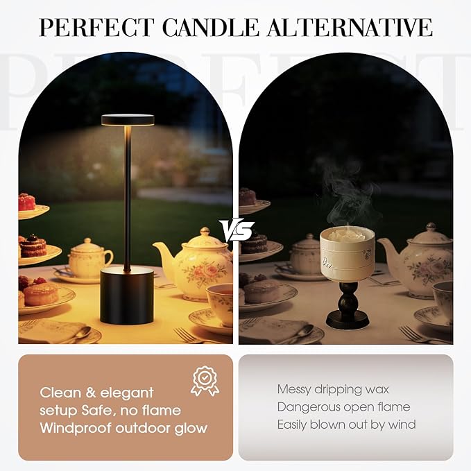 Cordless Table Lamp Set of 2, 5000mAh Rechargeable Lamp with Touch Control & Stepless Dimming, 3 Light Modes, IP54 Waterproof Portable Light for Dining Table, Patio, Bedroom, Power Outage (Black)
