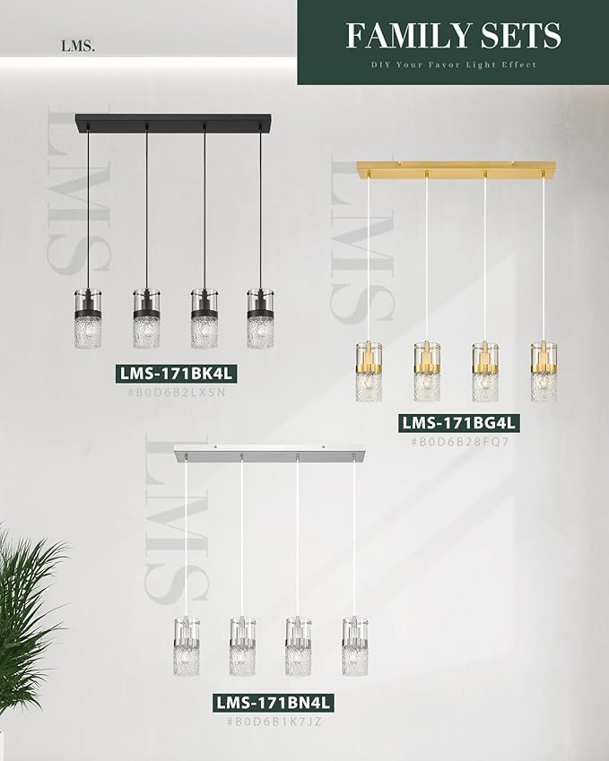 LMS 4-LightIsland Lighting, Brushed Nickel Kitchen Island Light Fixture, Farmhouse Linear Chandeliers for Dining Room Over Table Pendant Light with Hammered Glass for Living Room, LMS-171BN4L